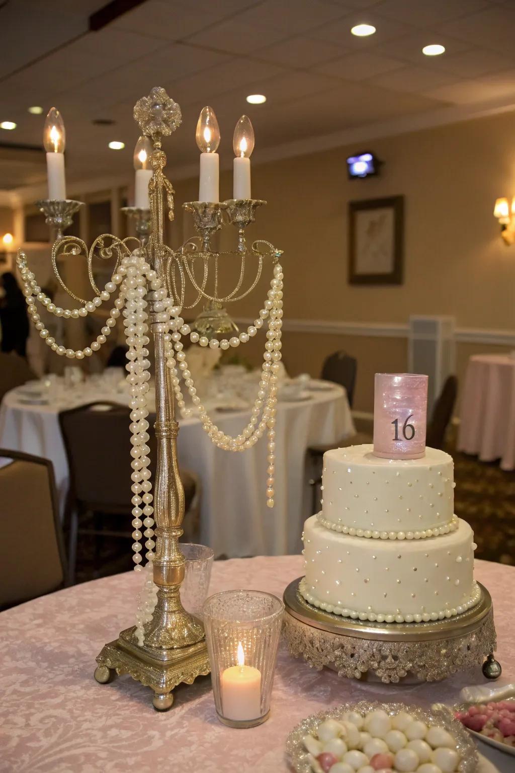 Pearls add a touch of elegance and sophistication to the centerpiece.