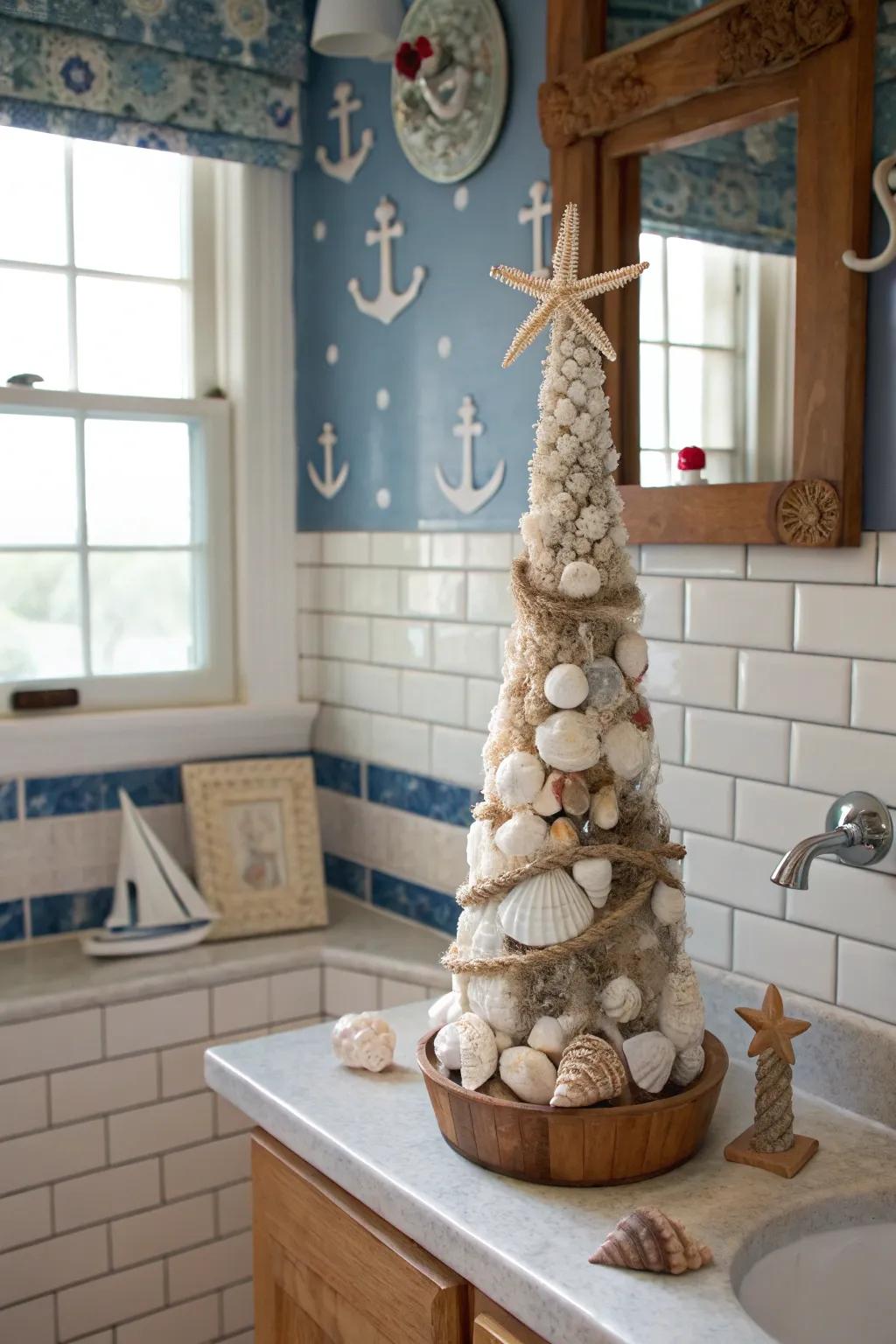 A beach-themed shell topiary adding coastal charm to a bathroom.