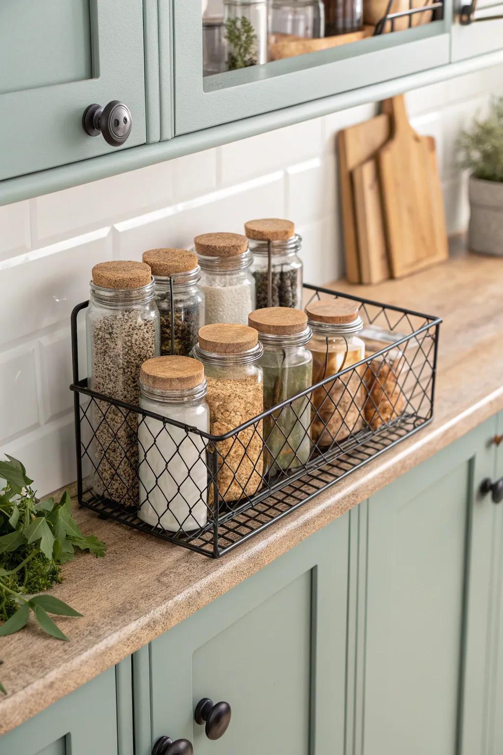 Elevate your kitchen with this chic and practical wire basket spice rack—where simplicity meets farmhouse charm.