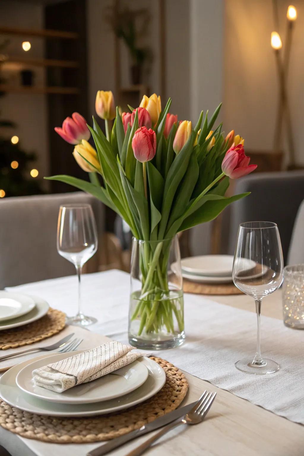 A tulip centerpiece adds classic elegance to your table setting.