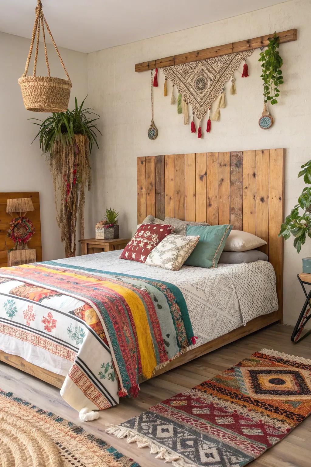 Boho vibes: Colorful wood headboard.