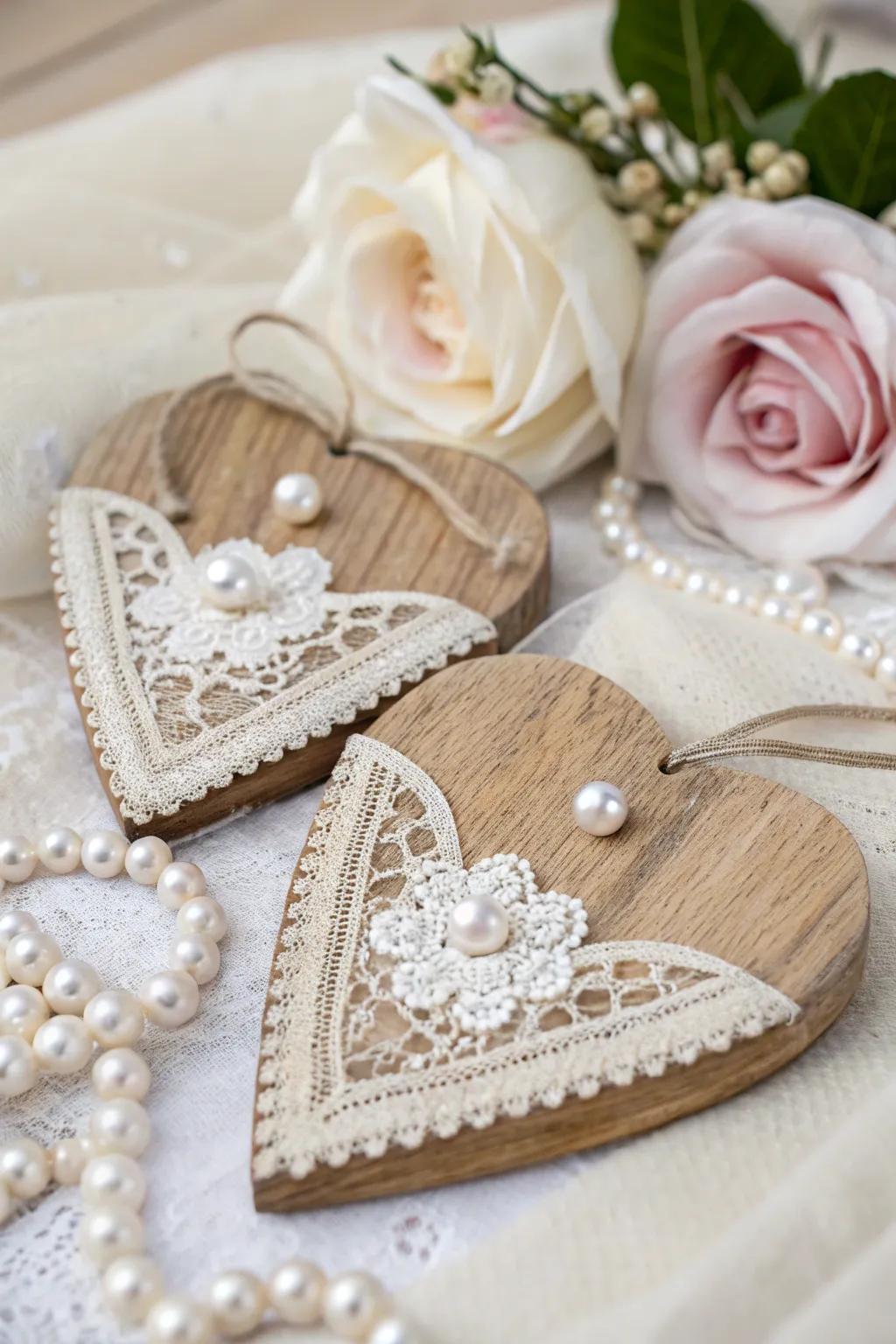 Lace and pearl hearts add a touch of elegance to any decor.