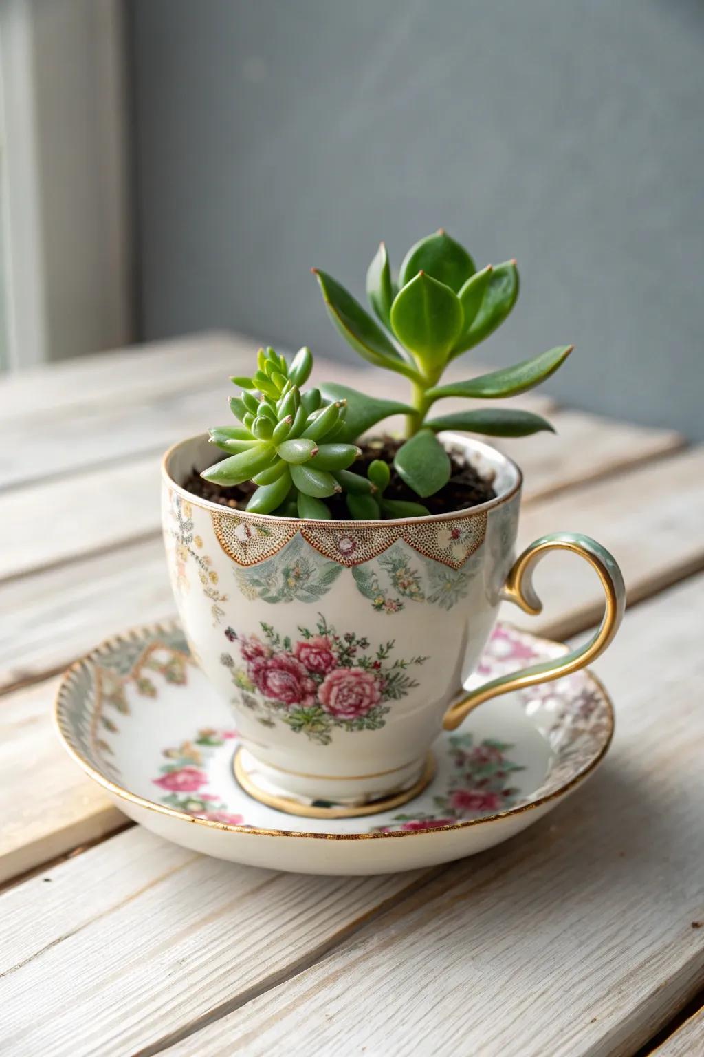 Breathe new life into vintage tea cups with these delightful succulent planters!