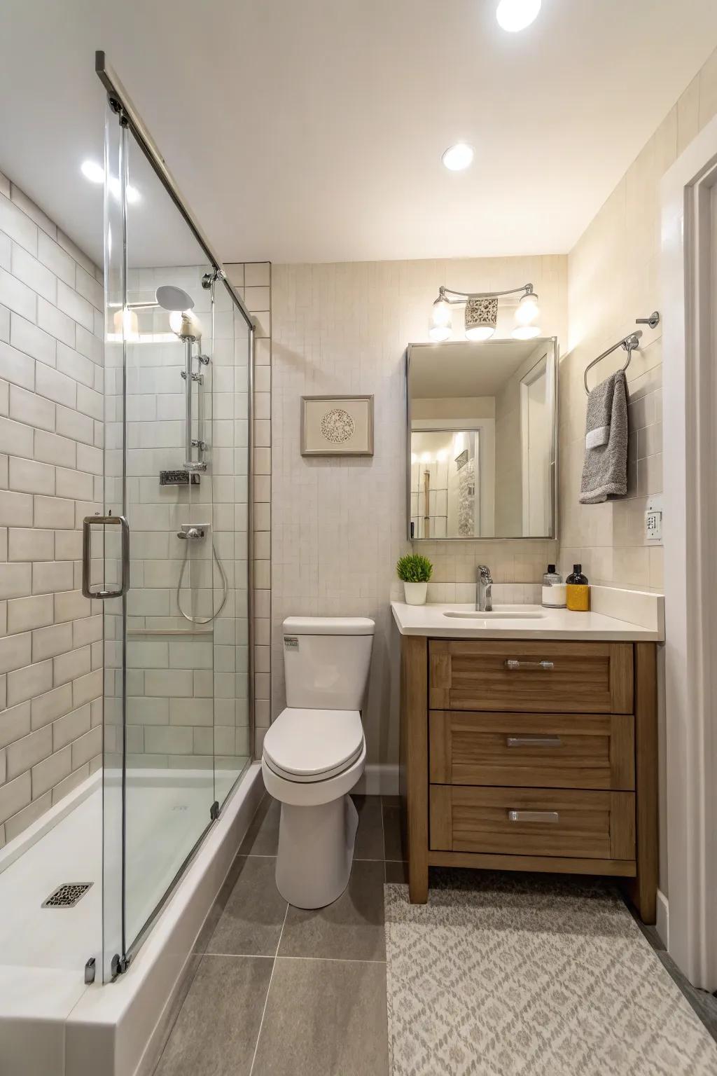 A compact design maximizes space in this small bathroom with a doorless shower.