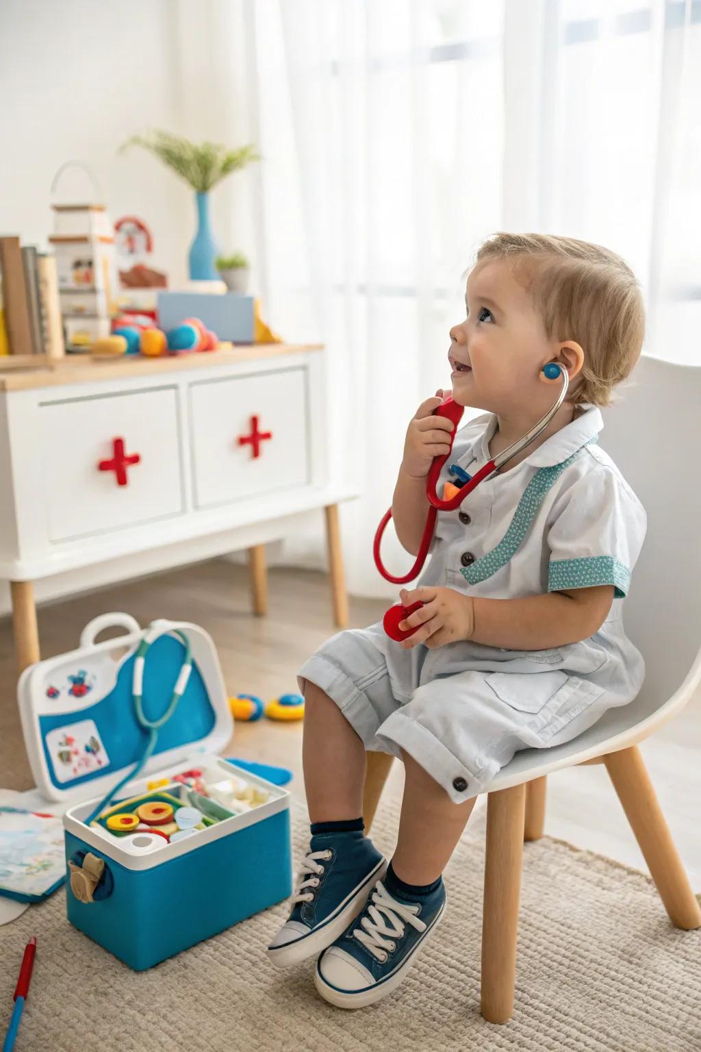 Play doctor with a medical-themed dramatic play setup.