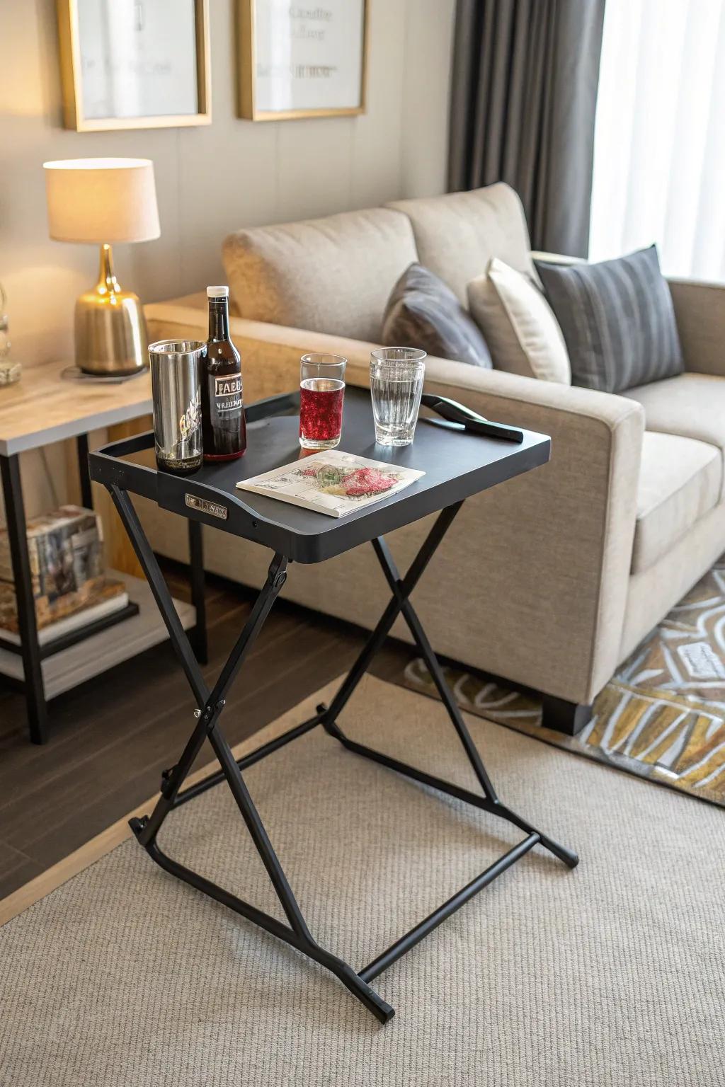 A foldable drink table in a guest room, ready for use when needed.