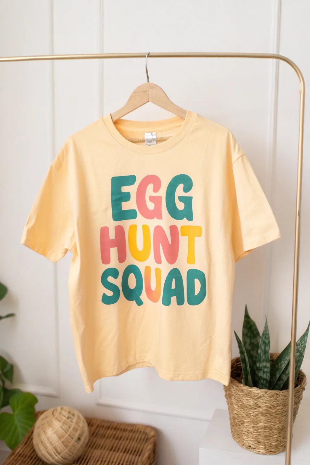 Get ready to rally your 'Egg Hunt Squad' in style with this vibrant and minimalist Easter tee!