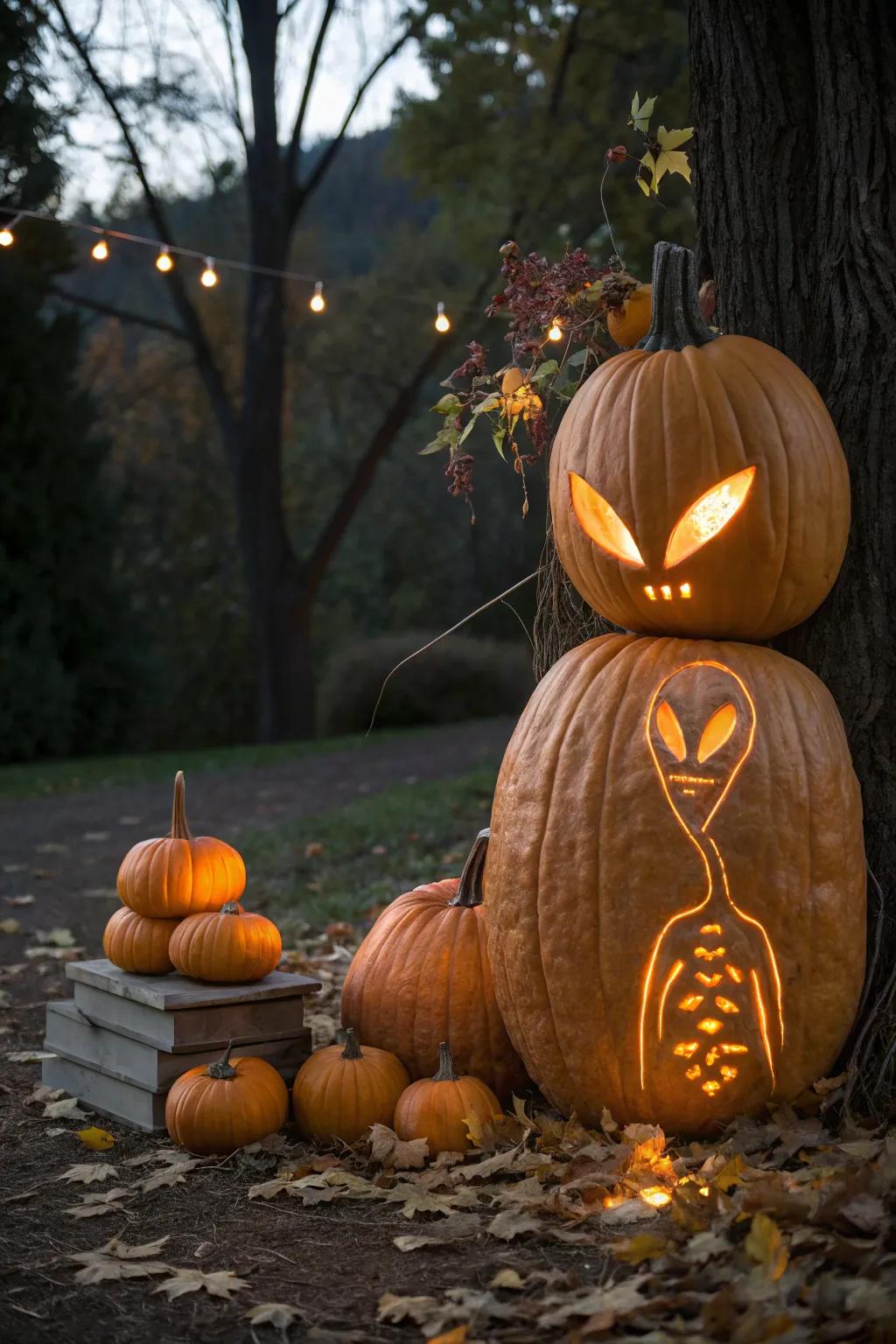 A long-necked alien pumpkin towering over the rest.