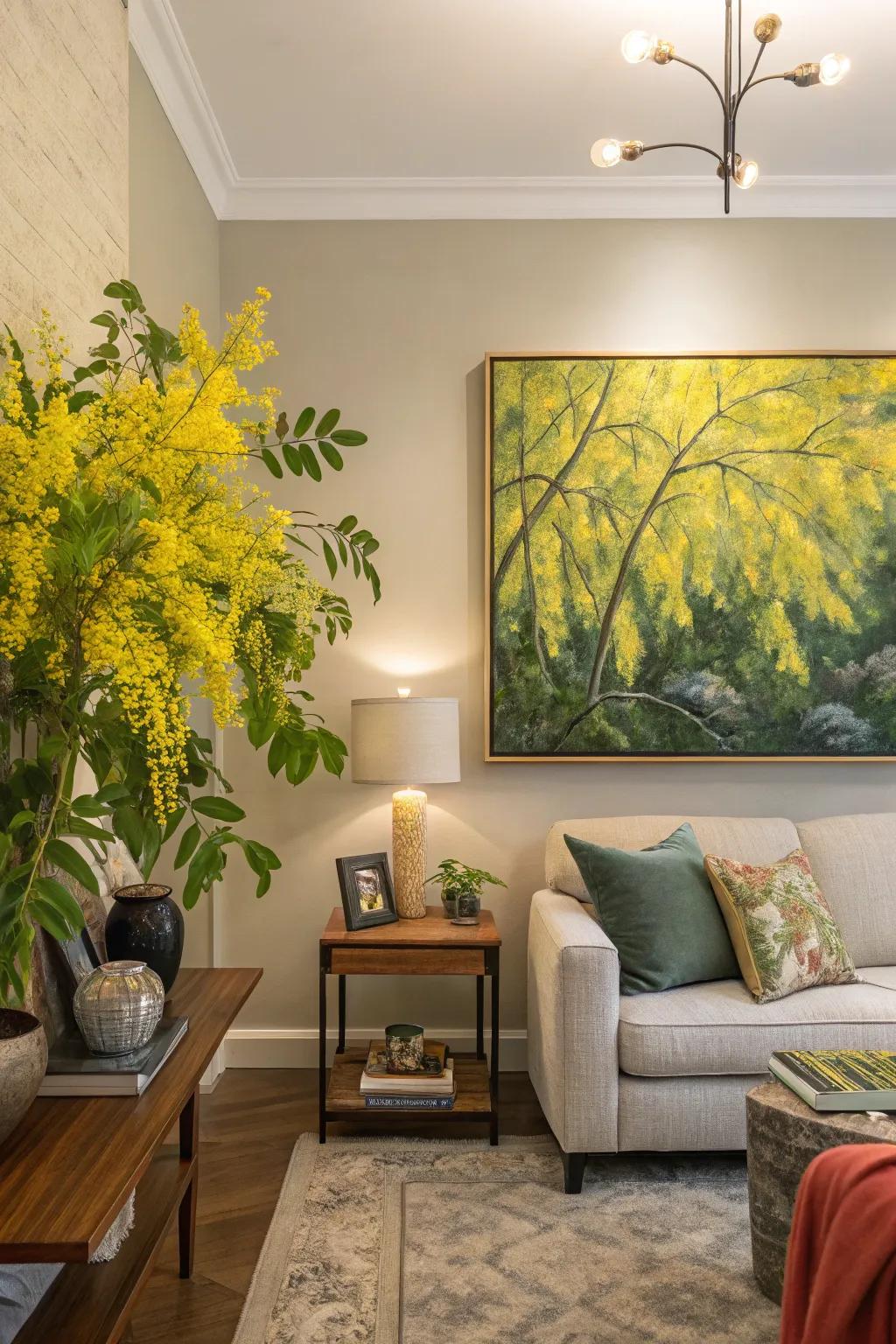 Bring the peacefulness of nature indoors with a yellow-green foliage painting.