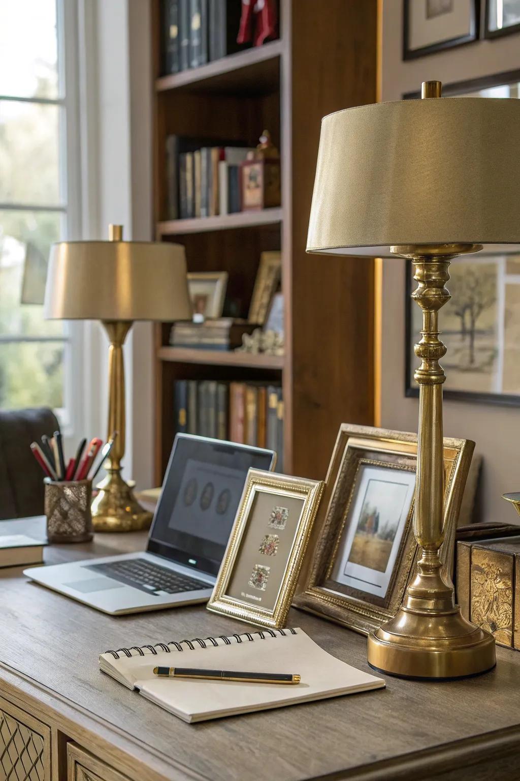 Metallic accents add a touch of glam to this eclectic workspace.