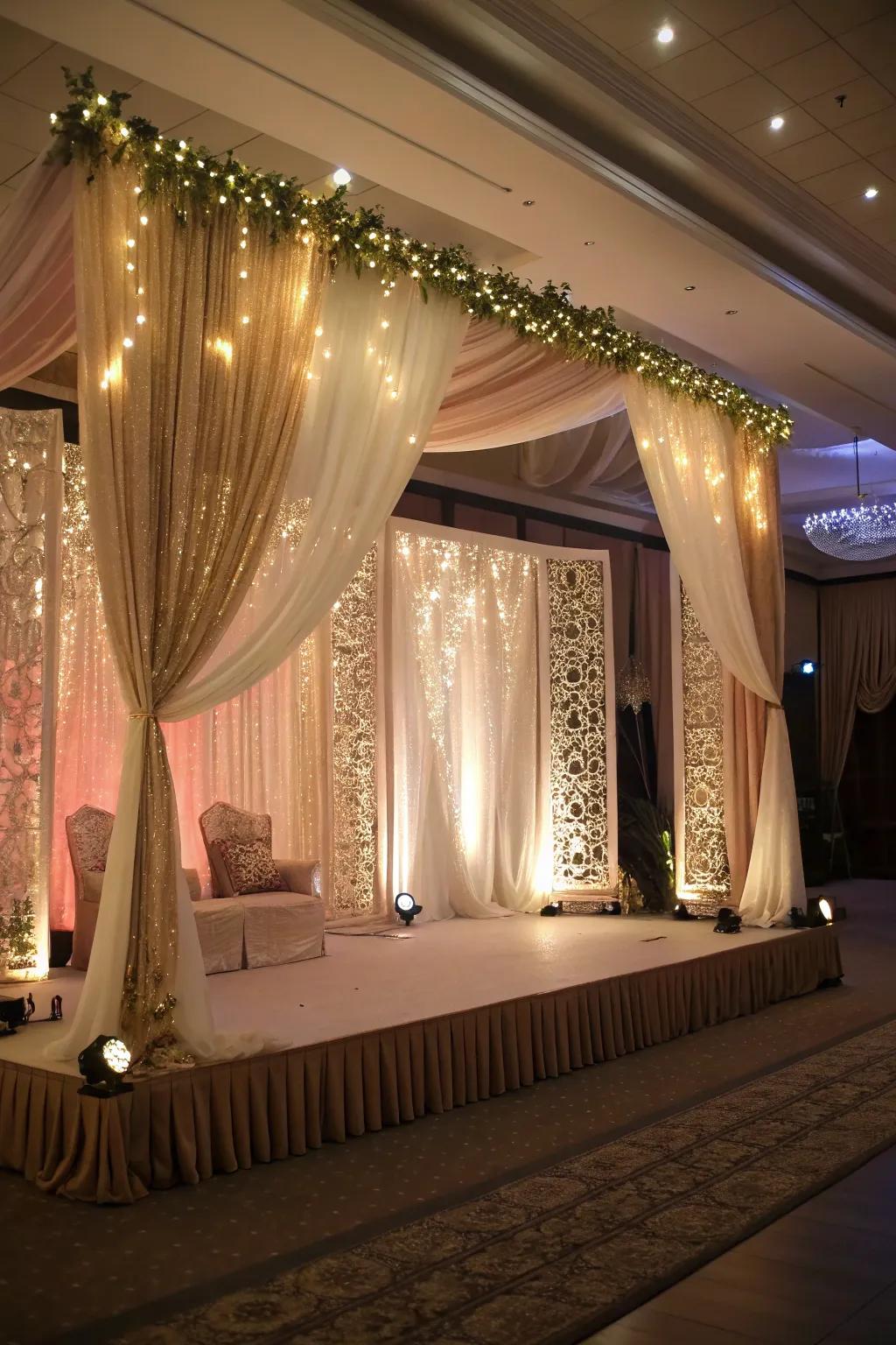 A glamorous backdrop with draped fabrics and fairy lights for memorable photo ops.