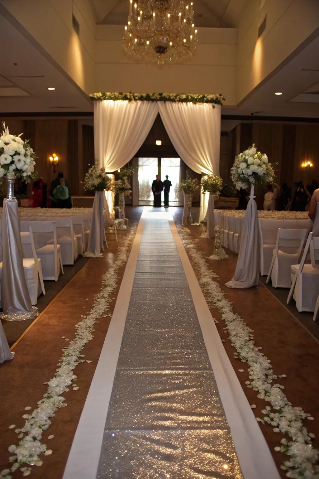 Silver and white runner for a dramatic aisle.