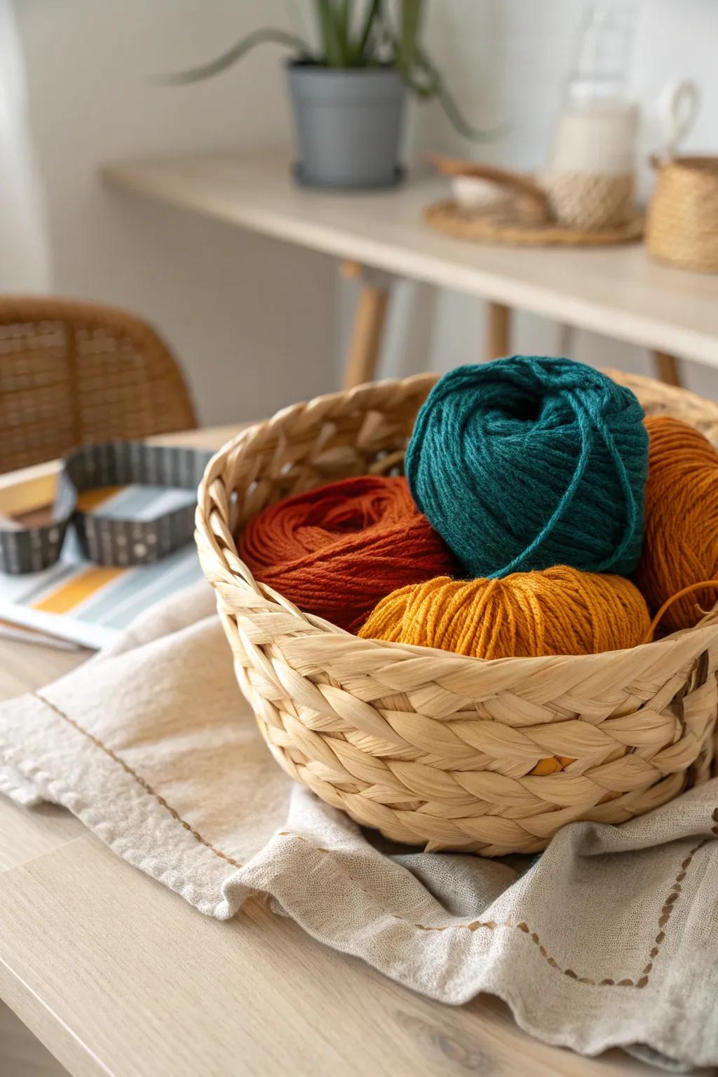 Transform your storage with a splash of color: Wrap baskets with vibrant embroidery floss for a chic and personalized touch.