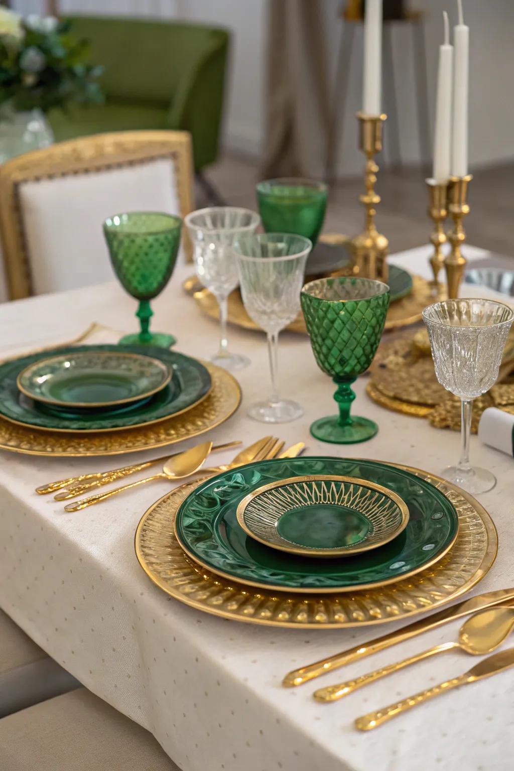 A stylish dining table set with gold trimmed glassware and emerald green settings.