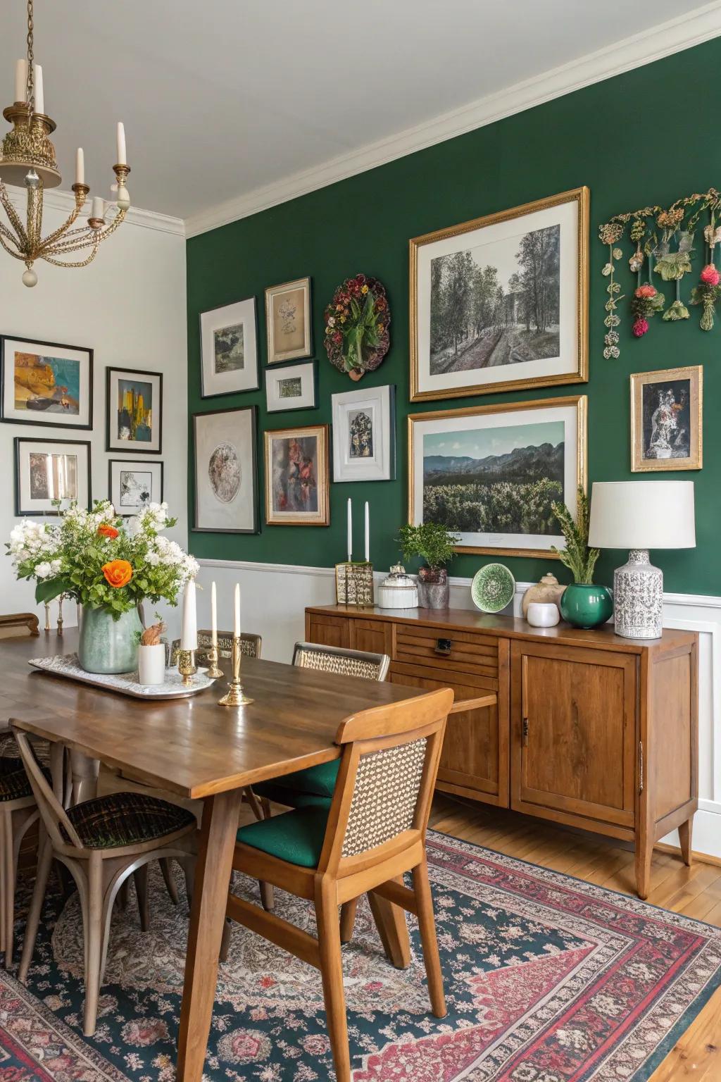 An emerald green gallery wall can serve as an artistic focal point.