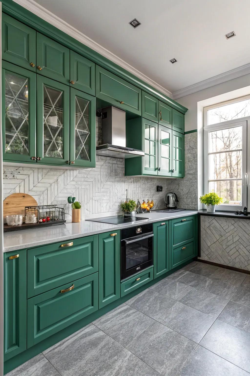 A sophisticated kitchen design with a combination of emerald green and gray.