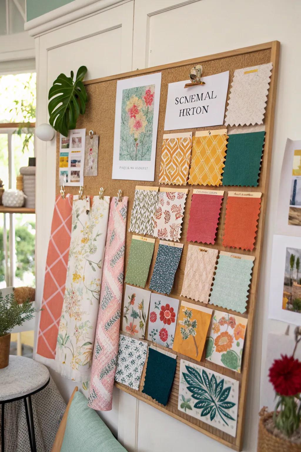 A bulletin board filled with seasonal inspirations and fabric swatches.