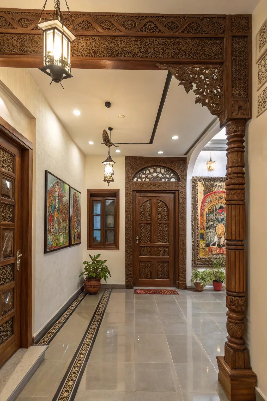 A harmonious blend of modern and traditional styles at the entrance.