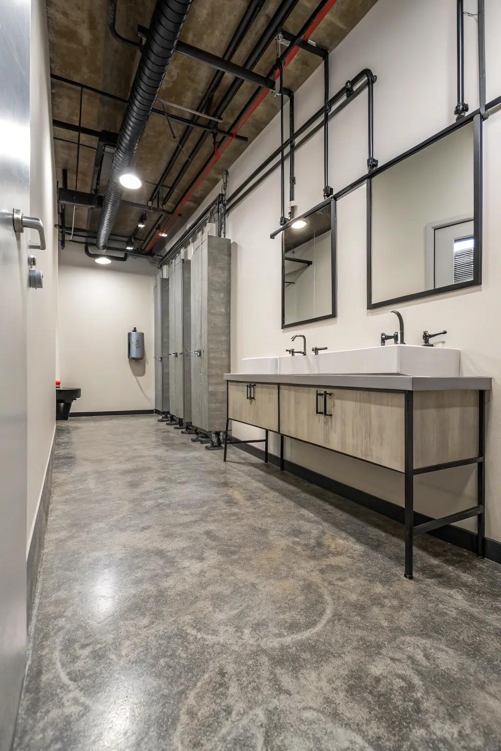 Concrete-look epoxy floor adding a modern industrial edge to the bathroom.