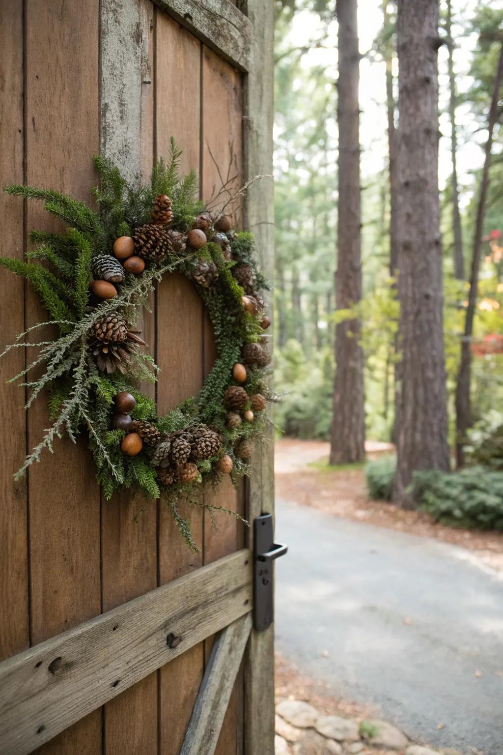 Woodland elements create a rustic and earthy wreath.