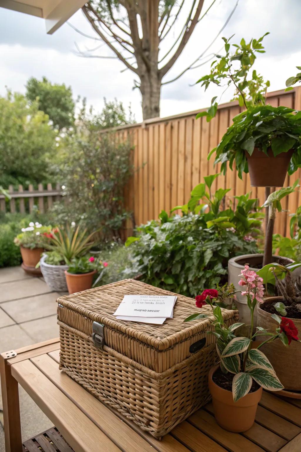 A cozy wicker basket suggestion box on a lush patio.