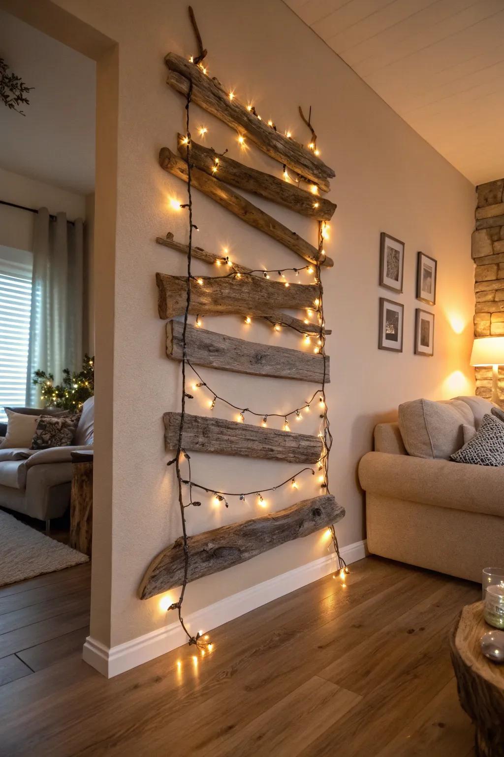 Rustic wall art crafted from driftwood and fairy lights, adding a natural touch to the room.