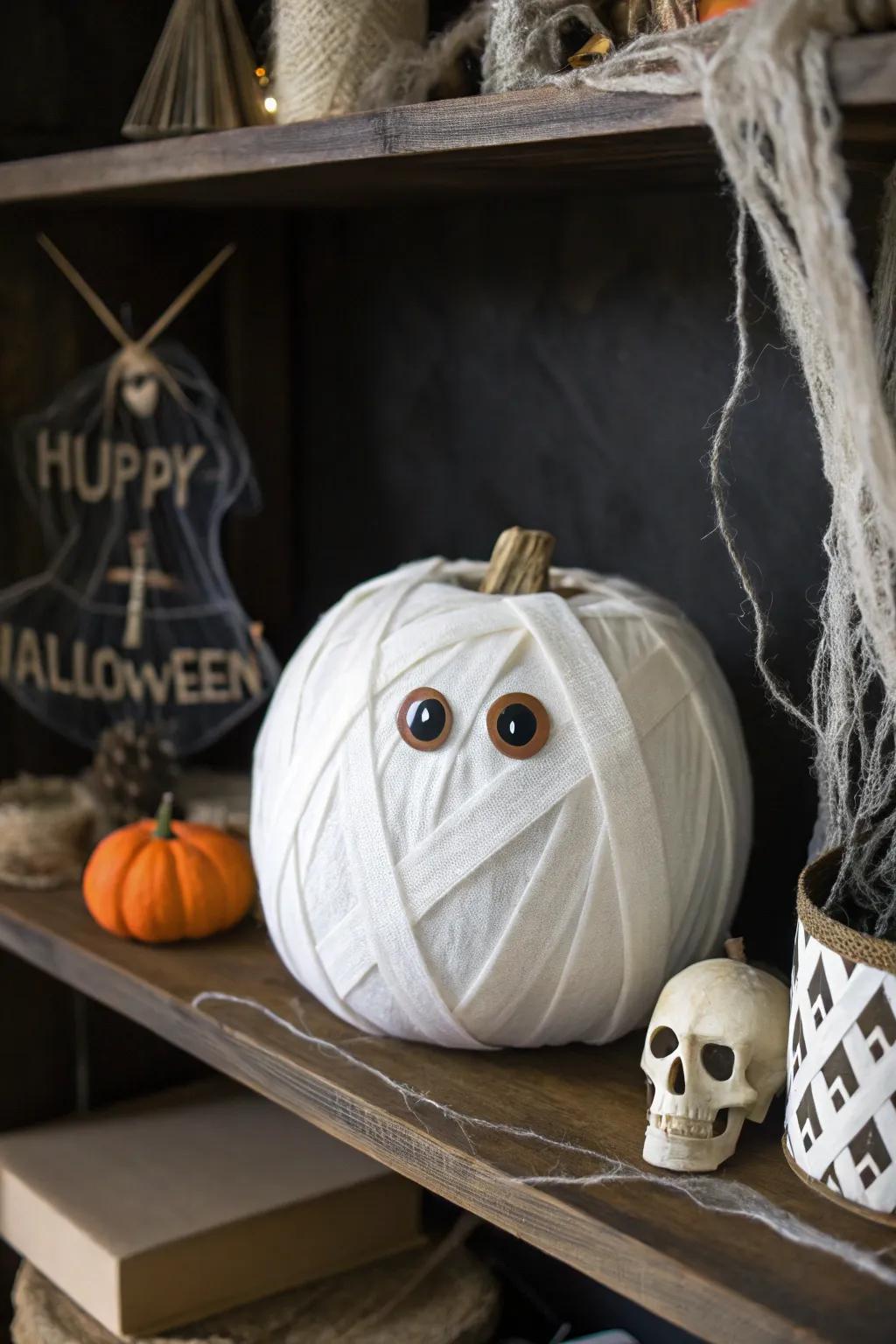 Mummy wrapped pumpkins add a playful, spooky touch to your display.