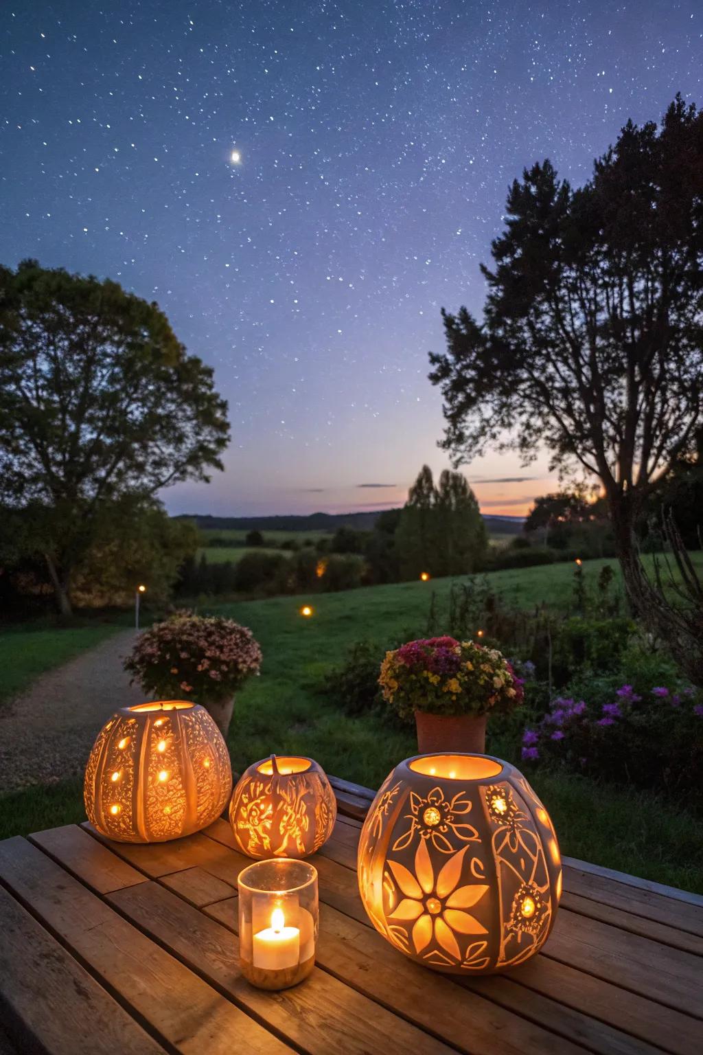 Gourd lanterns cast enchanting shadows at a fall festival.