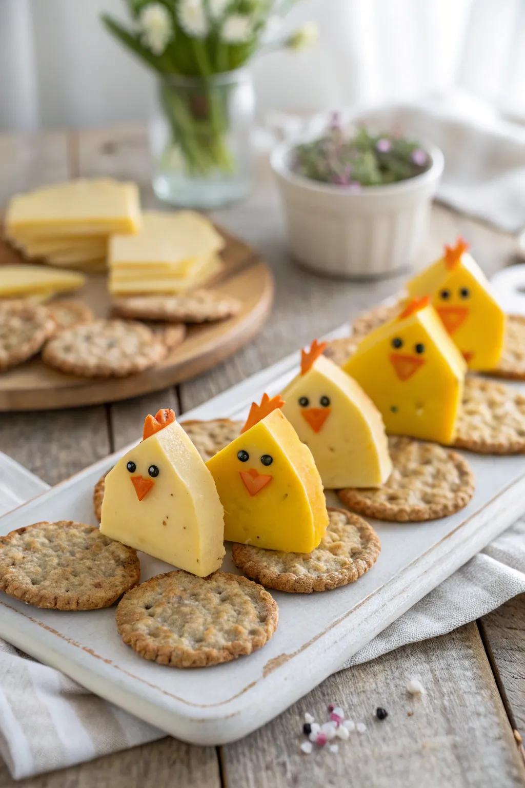 Savor the charm of Cheese and Cracker Chickens—a delightful blend of craftsmanship and simplicity, perfect for your farm-themed snack spread.