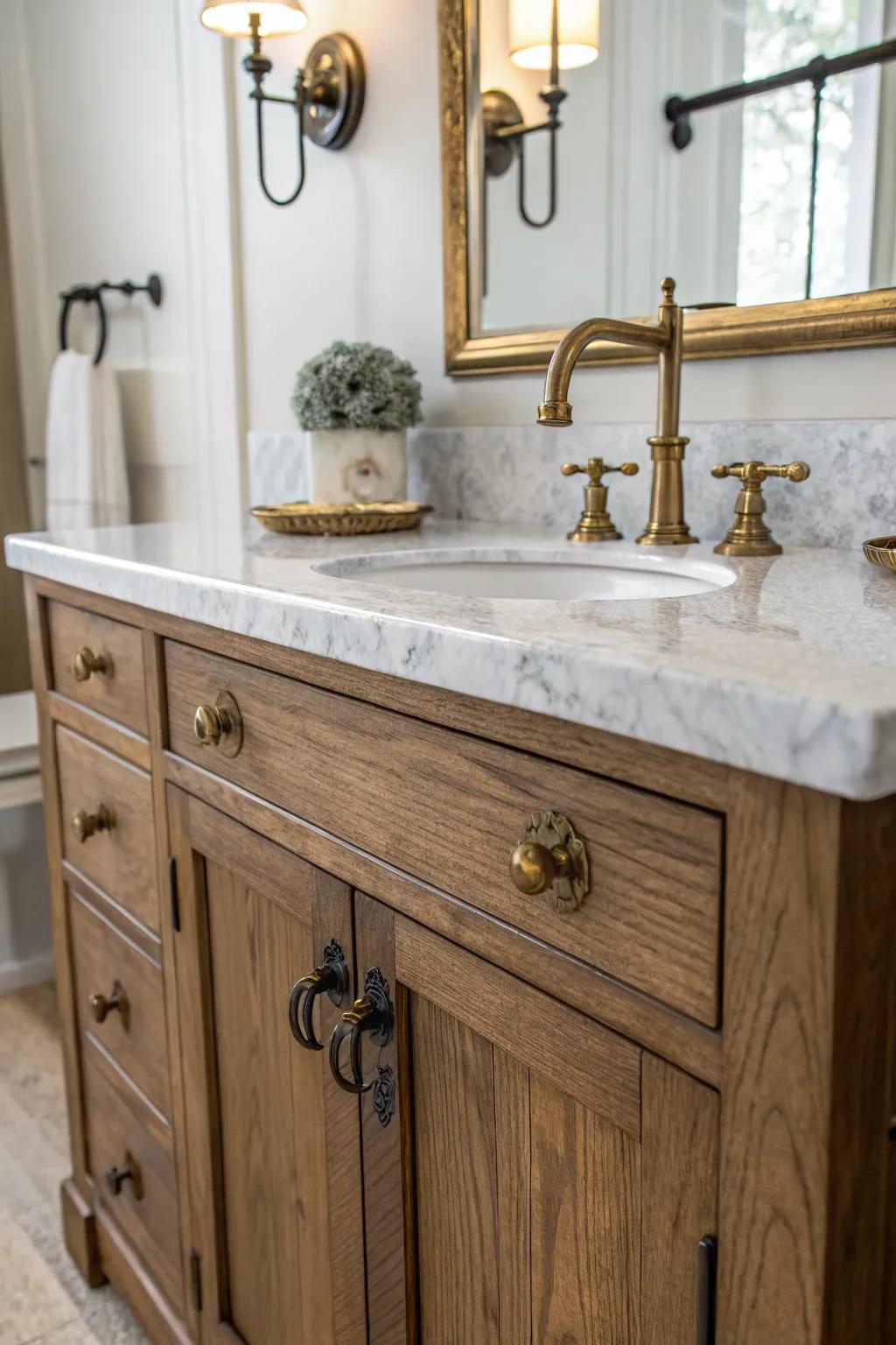 A farmhouse bathroom vanity featuring antique-style hardware for added charm.