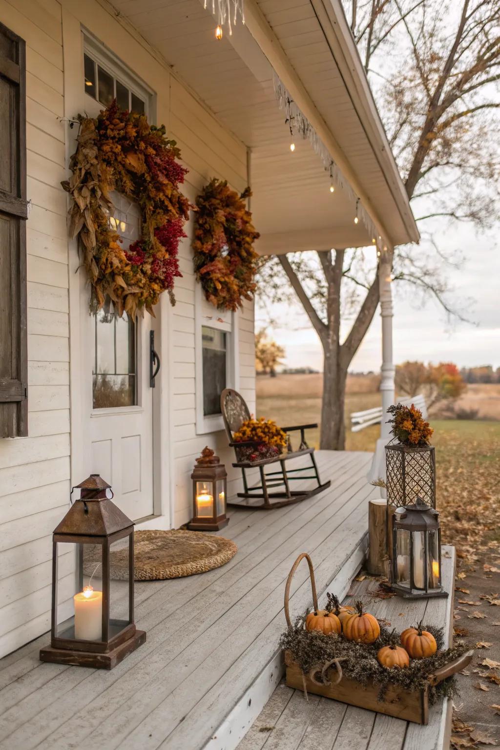 Inviting farmhouse-style porch with festive decorations.