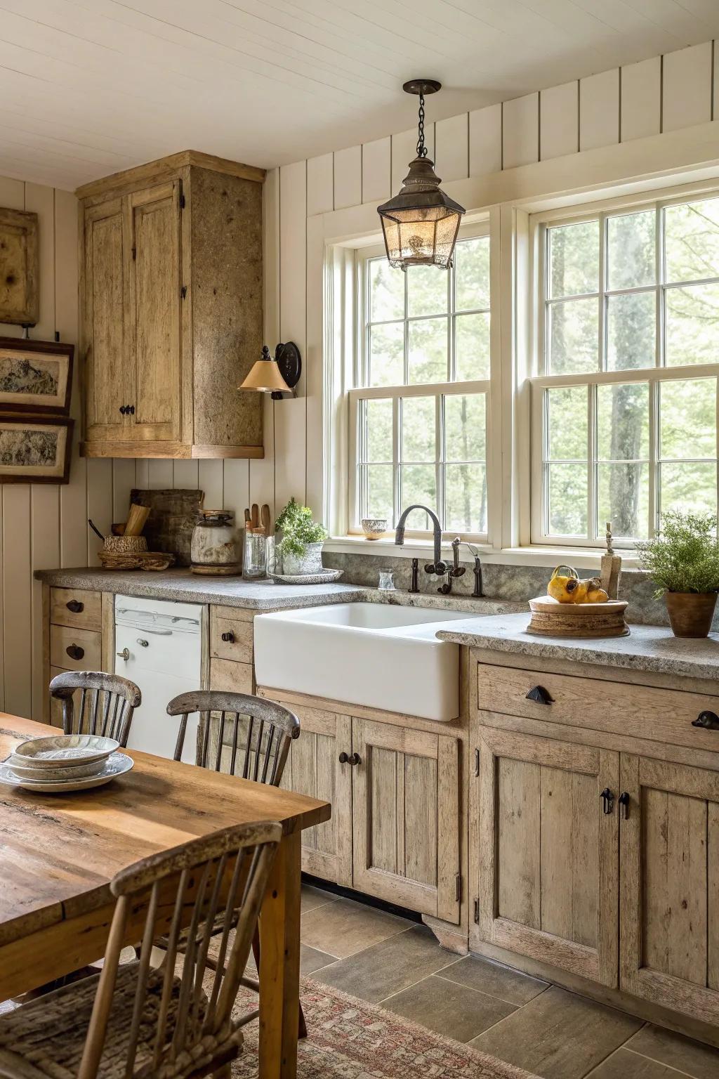 Farmhouse kitchen featuring a classic farmhouse sink and rustic cabinetry.