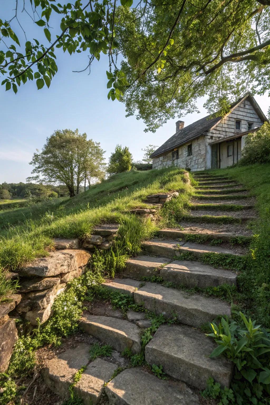 Natural stone steps integrate seamlessly into this sloped farmhouse landscape.