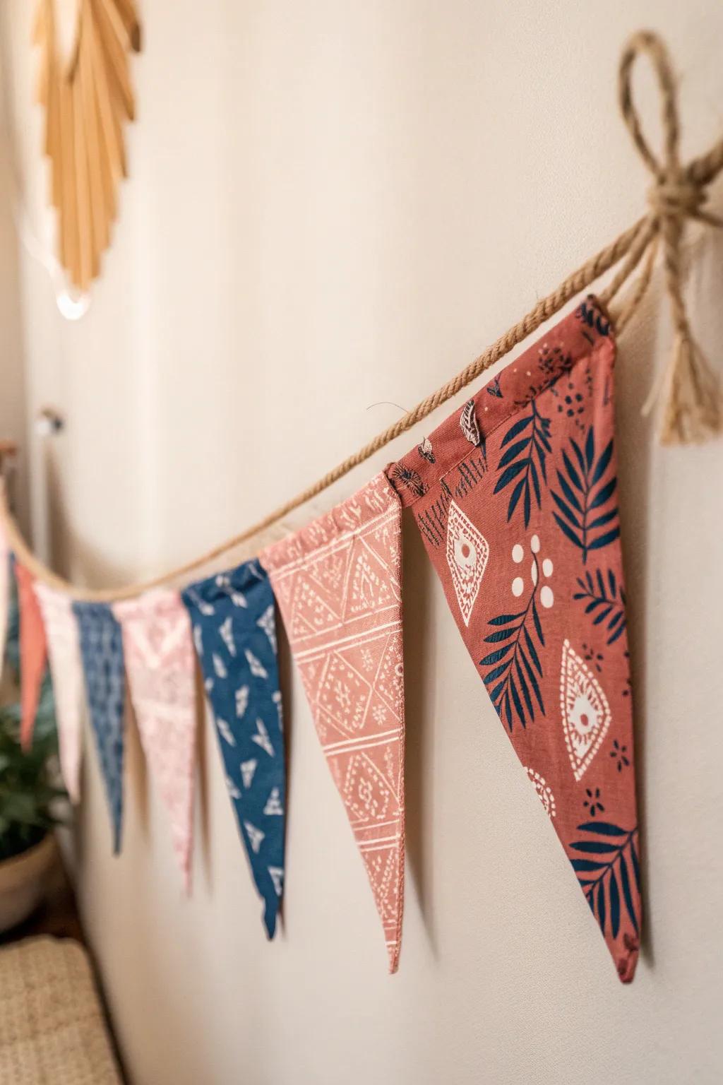 Add a touch of nostalgic charm to your space with these handcrafted fabric bunting flags.