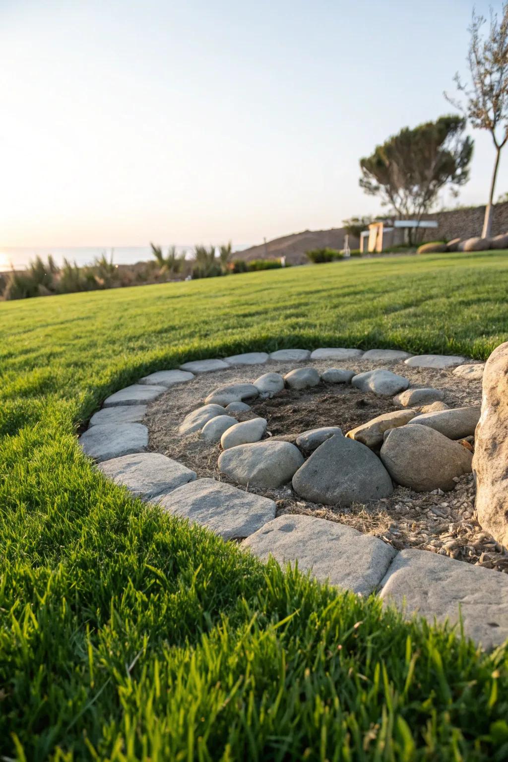 Combine grass and stone for a balanced and inviting fire pit area.