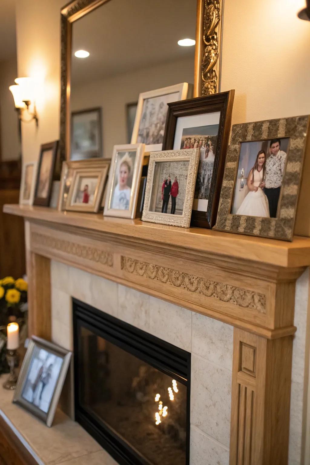 Family photos create a personal gallery on this fireplace mantel.