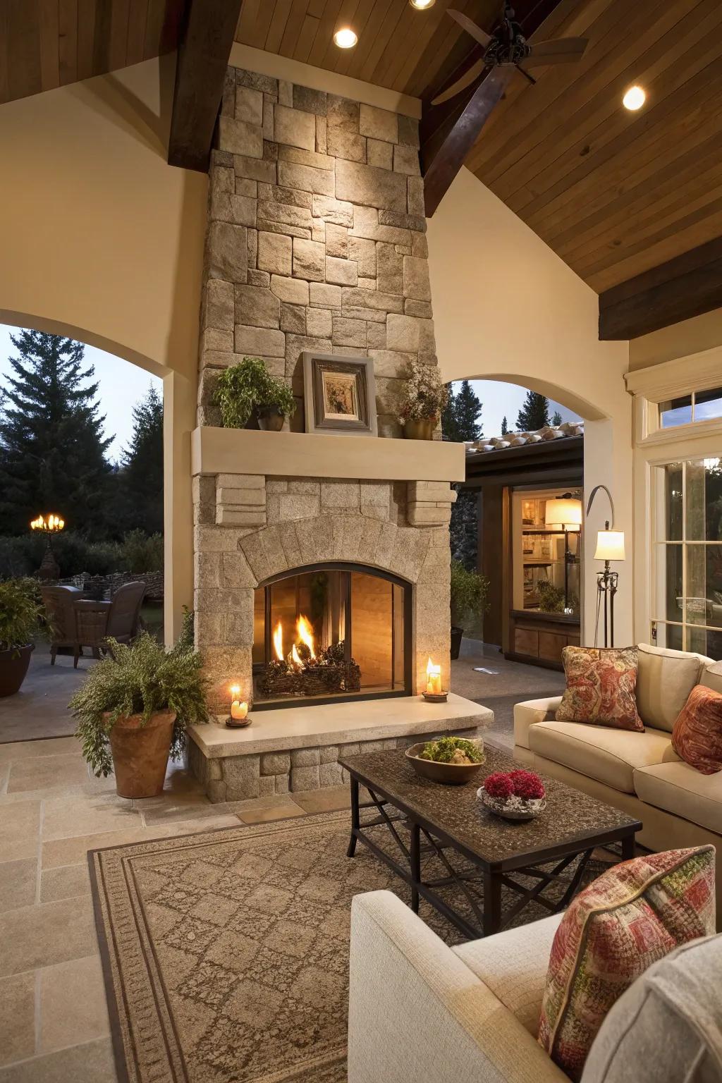 A double-sided fireplace linking two spaces and adding warmth to both areas.