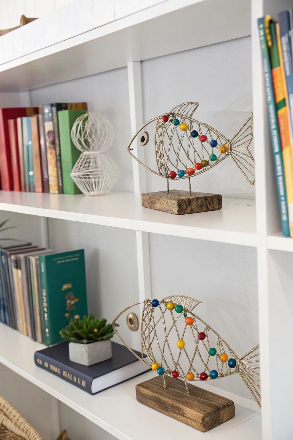 Add a touch of whimsy with wire and bead fish sculptures.