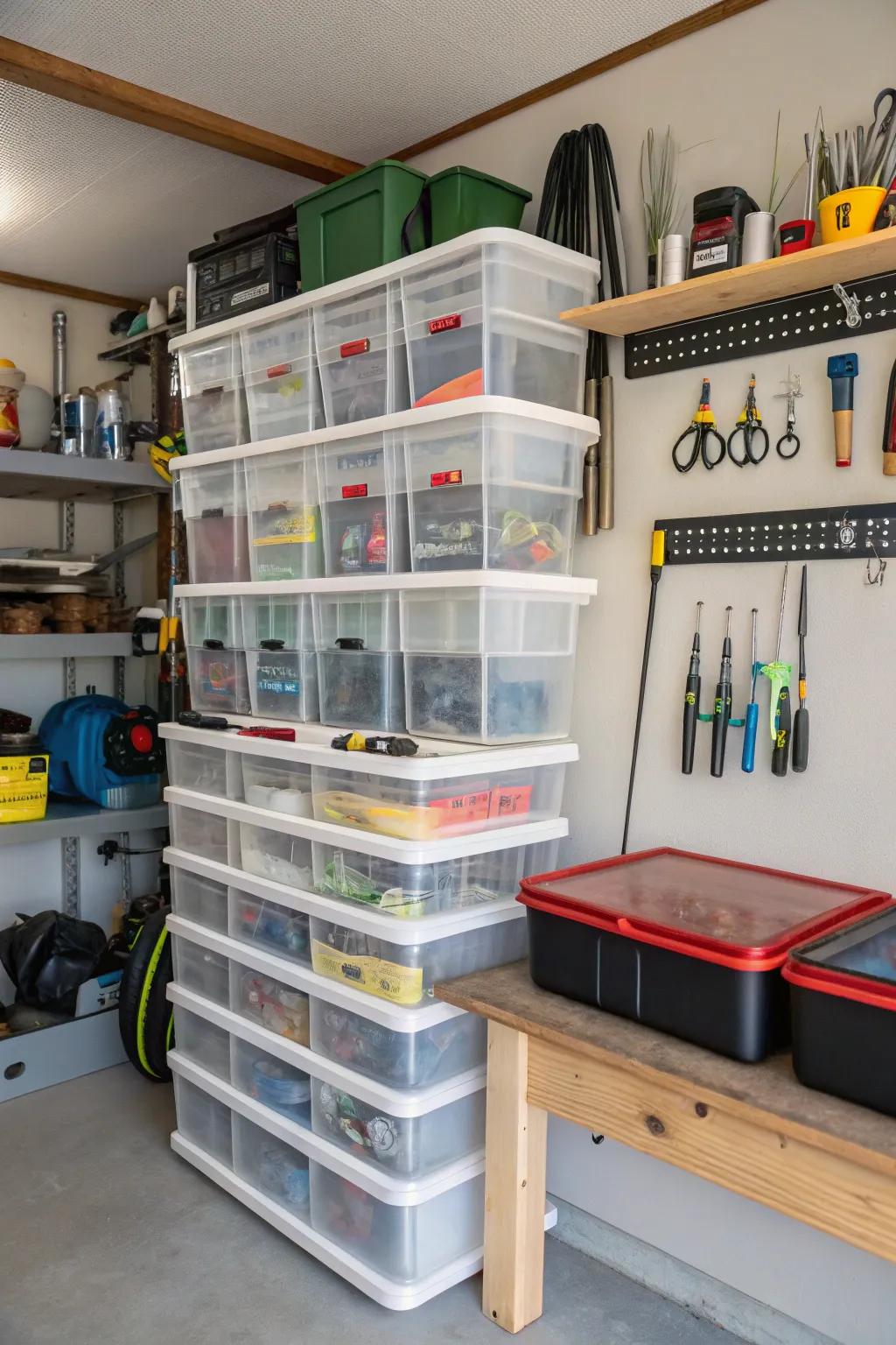 Clear storage bins simplify organization and accessibility.