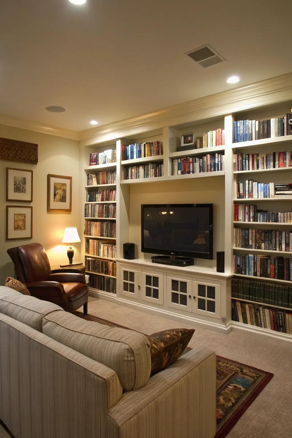 Floating bookshelves create a cozy library vibe around the TV.