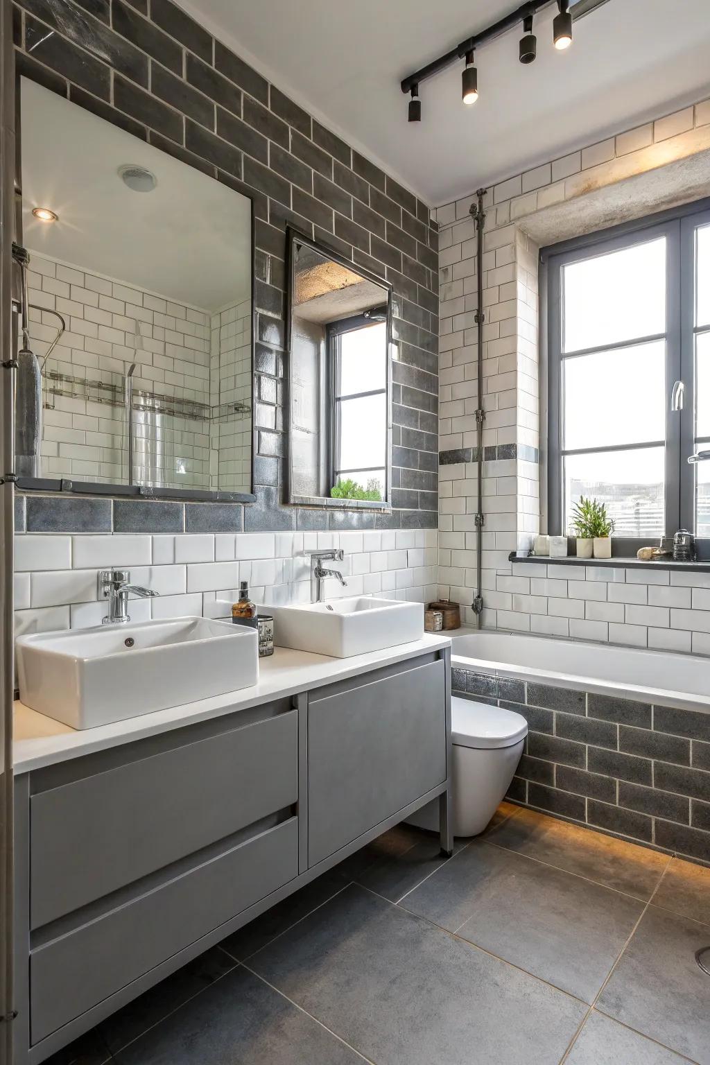 A bathroom with industrial-style tiles that adds a rugged and contemporary flair.