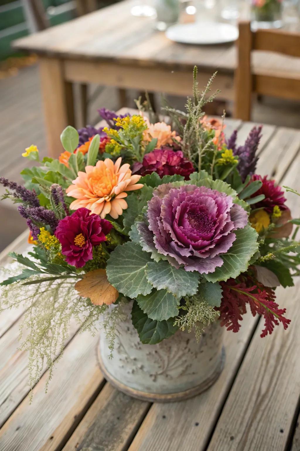 Unique floral and vegetable arrangement with ornamental kale.