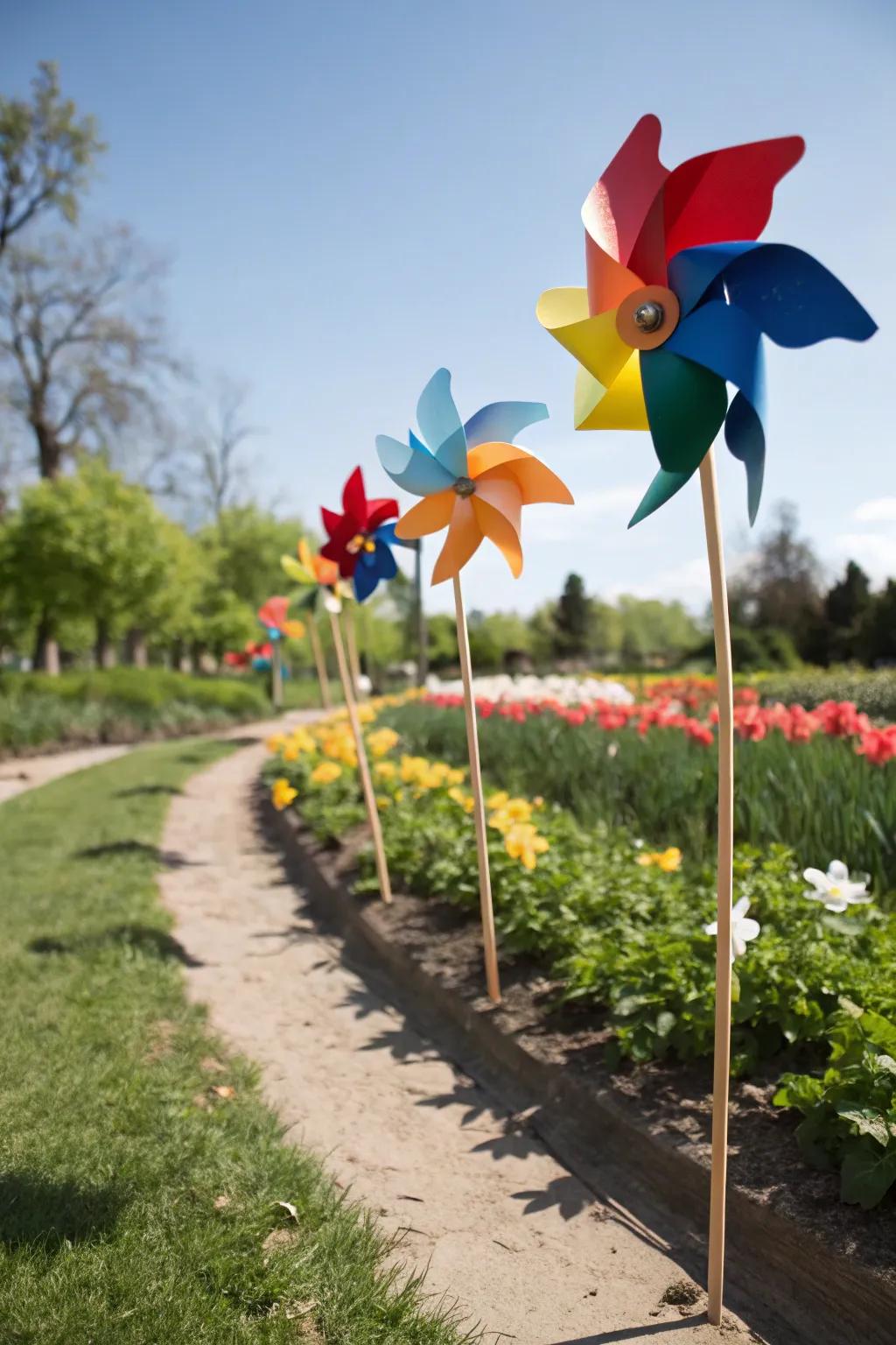 Playful foam paper pinwheels adding movement to the garden.