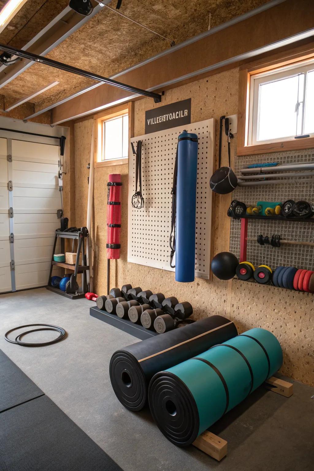 A pegboard offers customizable storage options.