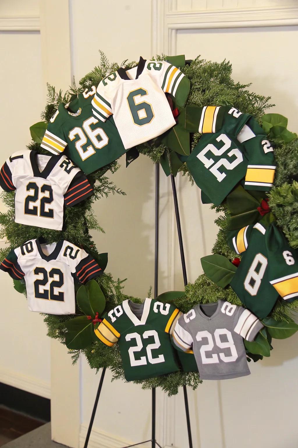 Show team pride with personalized jersey replicas on your wreath.