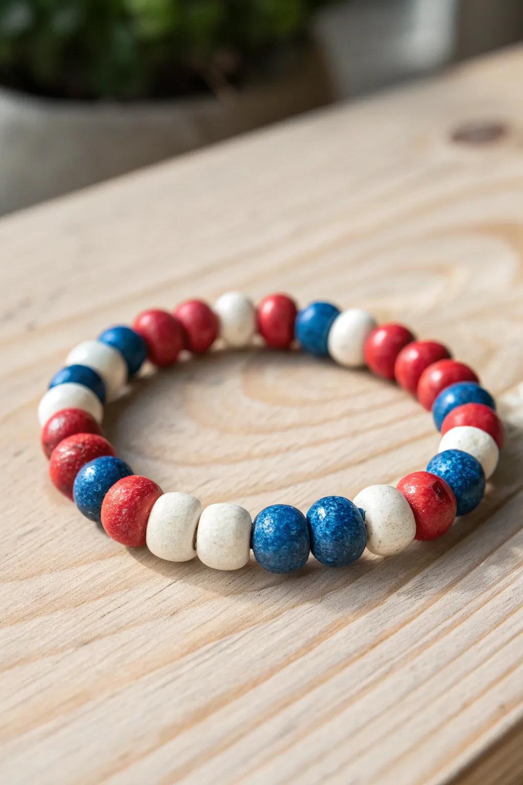 Celebrate freedom in style with this handcrafted clay bead bracelet in patriotic hues.