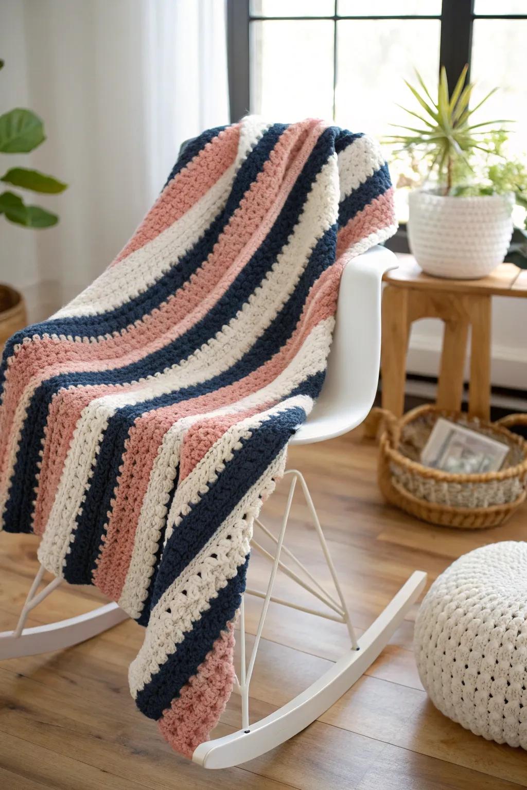 Stripes reimagined: Elevate your nursery with this bold and modern crochet baby blanket.