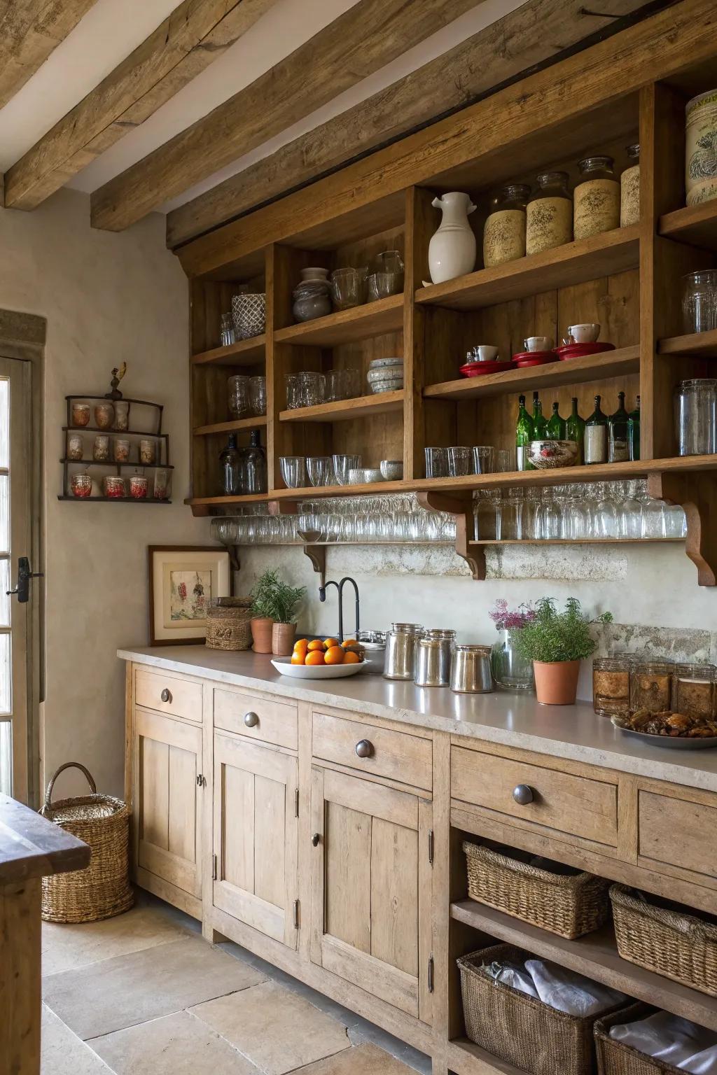 Open shelves keep kitchen essentials within reach.