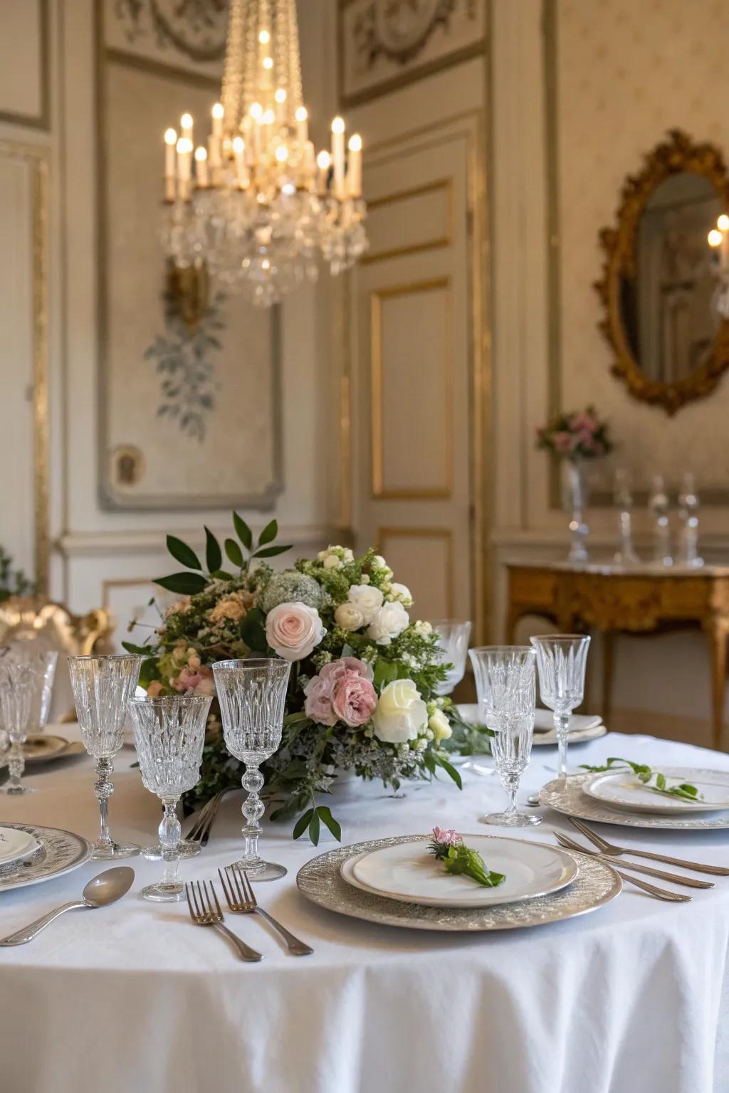 Vintage silverware adds an old-world charm to this elegant French table setting.