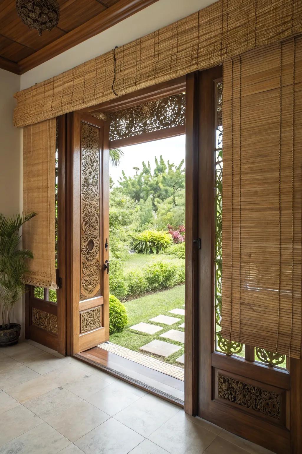 Eco-friendly bamboo shades adorning a stylish front door.